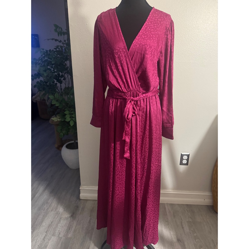 Alexa B nites Magenta Pink Leopard Jacquard Wrap Maxi Dress Long Sleeve V-Neck 8